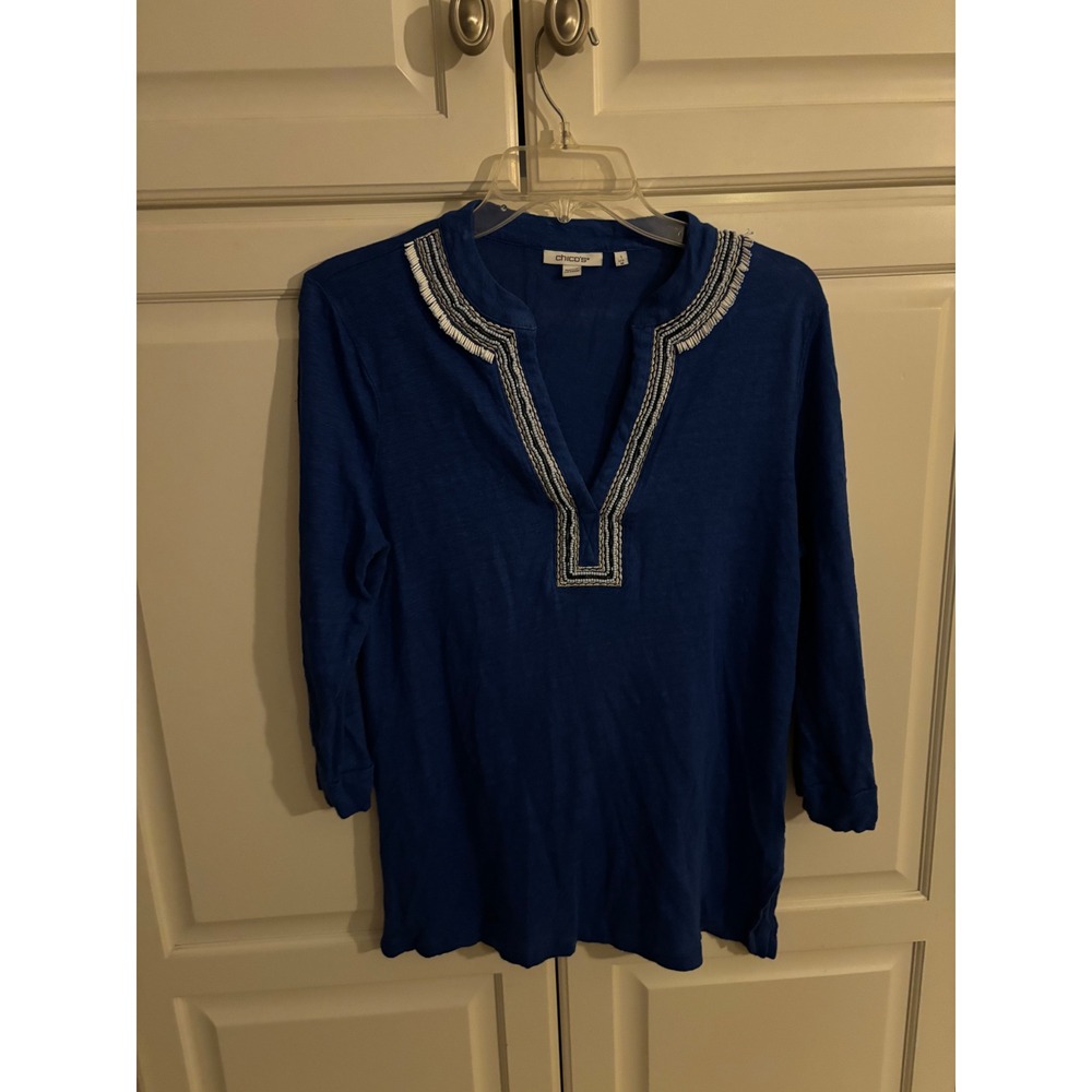 Chicos Royal Blue‎ 100% Linen Beaded V-Neck Tunic Top 3/4 Sleeve Size 1 M